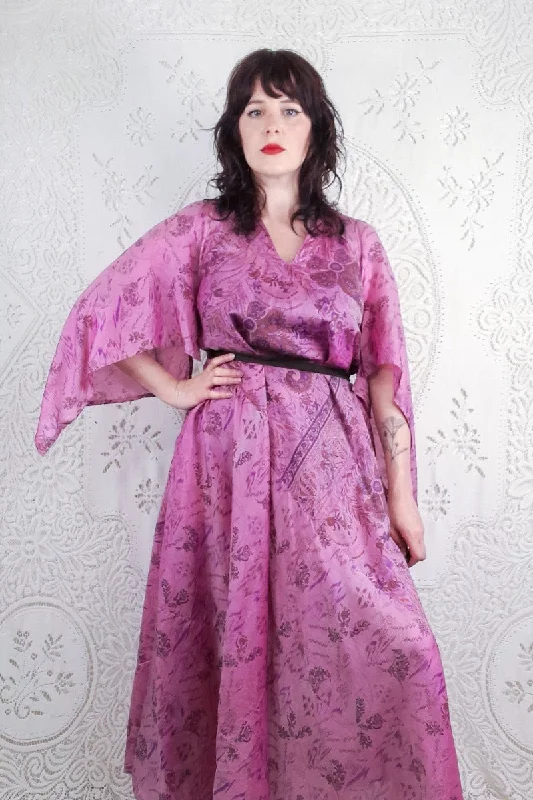 Goddess Dress - Rosy Pink, Russet & Purple Paisley - Vintage Pure Silk - XS - M/L