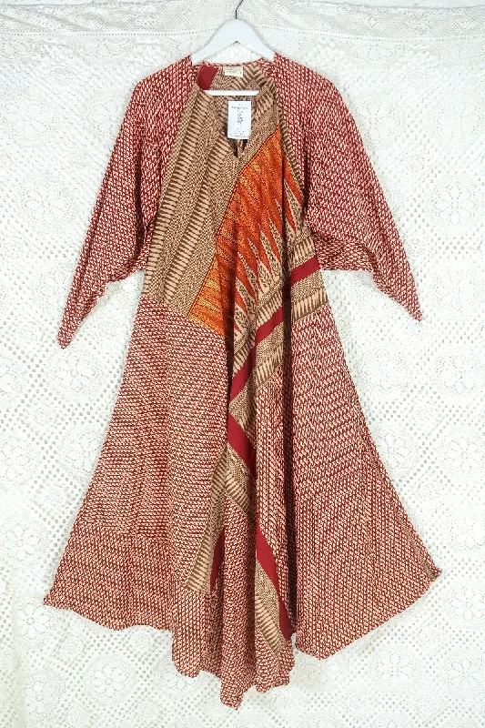 Goddess Dress - Rust Red & Sepia Patchwork - Vintage Sari - Size L