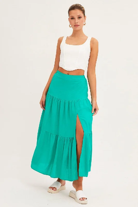 Green Maxi Skirt High Waist Split Tiered