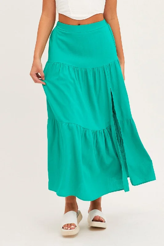 Green Maxi Skirt High Waist Split Tiered