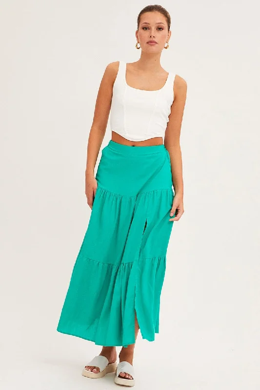 Green Maxi Skirt High Waist Split Tiered