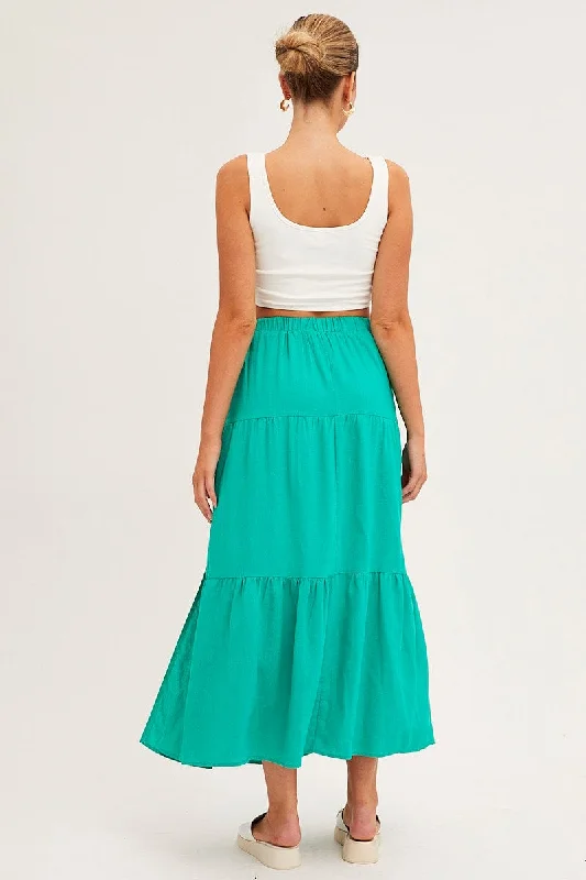 Green Maxi Skirt High Waist Split Tiered