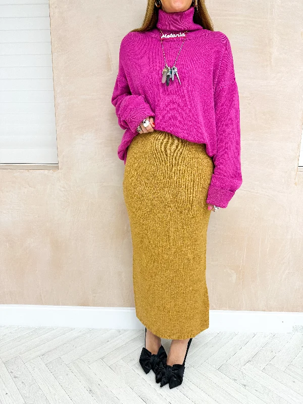 High Waisted Knitted Midi Skirt In Tan