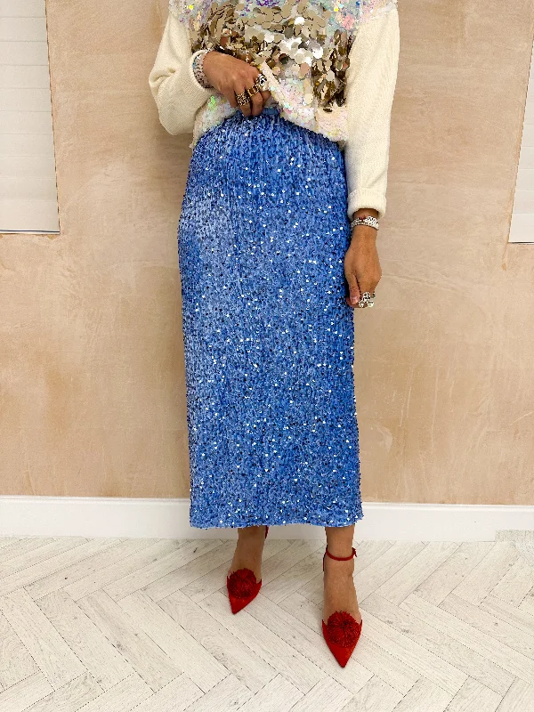 High Waisted Sequin Midi Skirt In Baby Blue