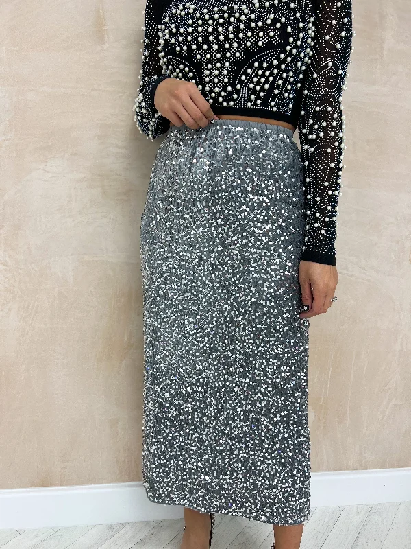 High Waisted Sequin Midi Skirt In Silver