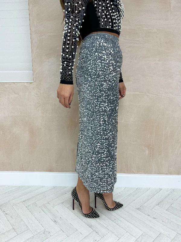 High Waisted Sequin Midi Skirt In Silver