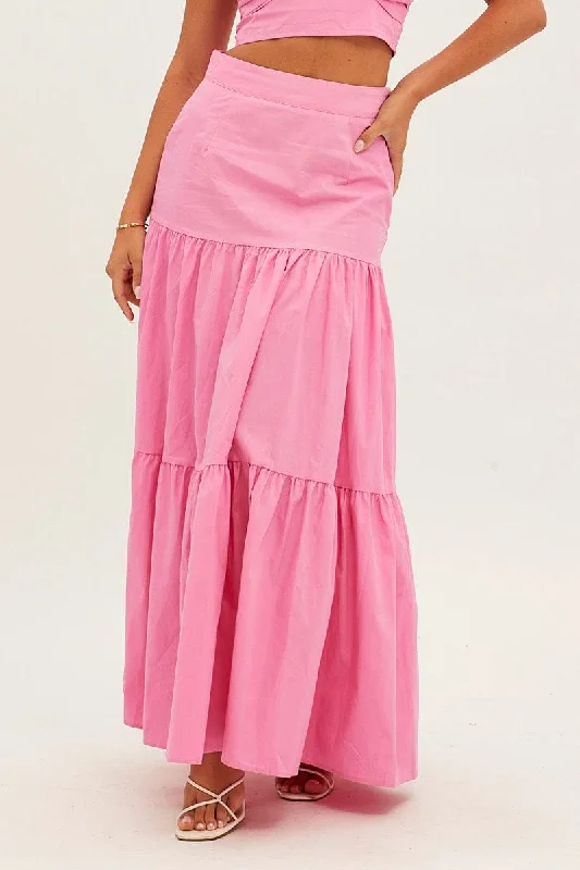 Pink Maxi Skirt High Rise Tiered