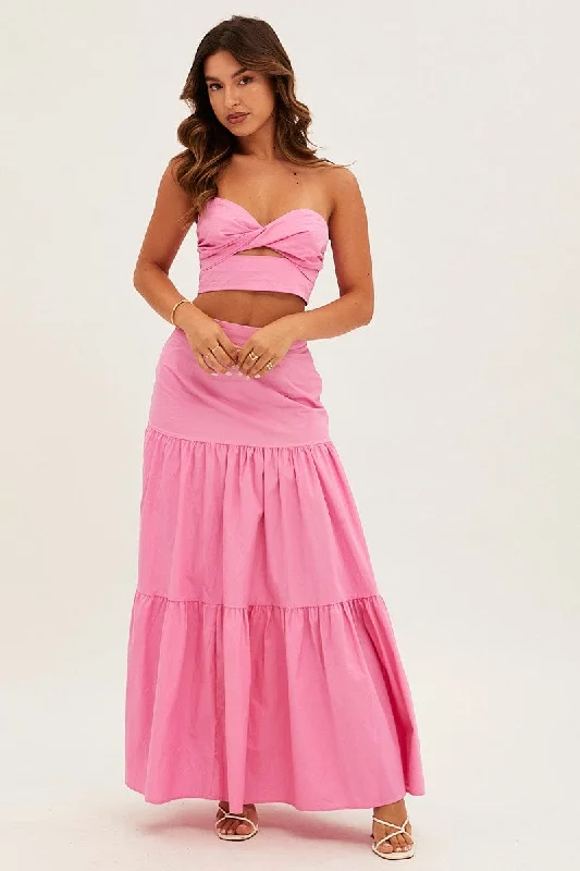 Pink Maxi Skirt High Rise Tiered