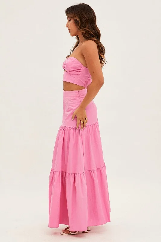 Pink Maxi Skirt High Rise Tiered