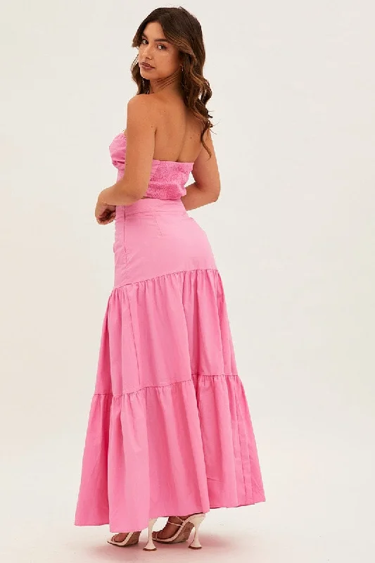 Pink Maxi Skirt High Rise Tiered