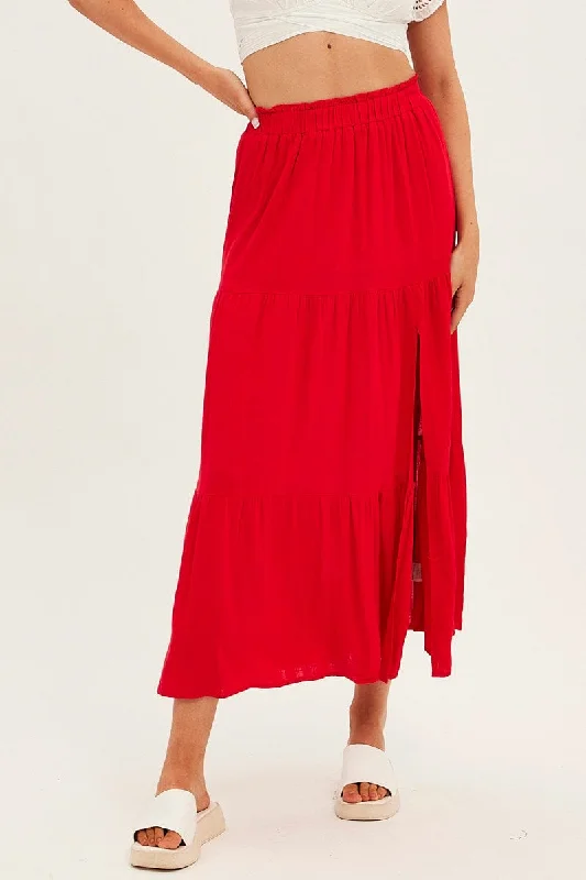 Red Maxi Skirt High Waist Split Tiered