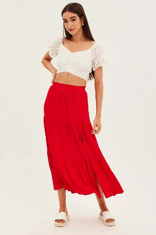 Red Maxi Skirt High Waist Split Tiered