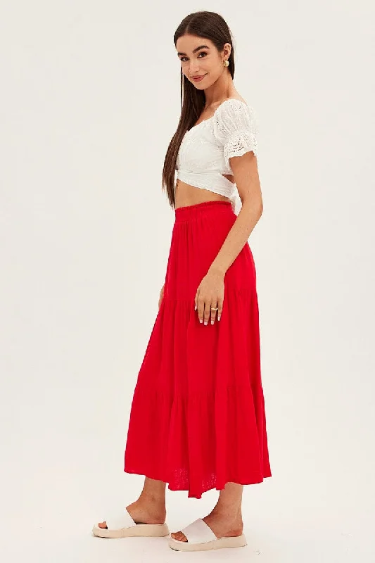 Red Maxi Skirt High Waist Split Tiered