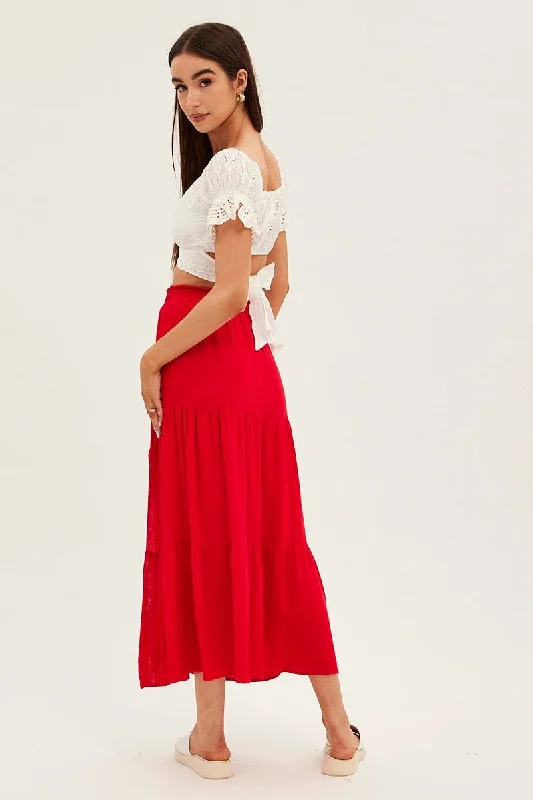 Red Maxi Skirt High Waist Split Tiered