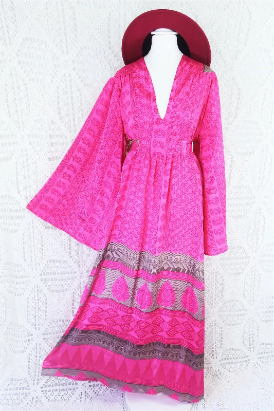 Stevie Maxi Dress - Vintage Indian Sari - Fuchsia & Slate Block Print - XS