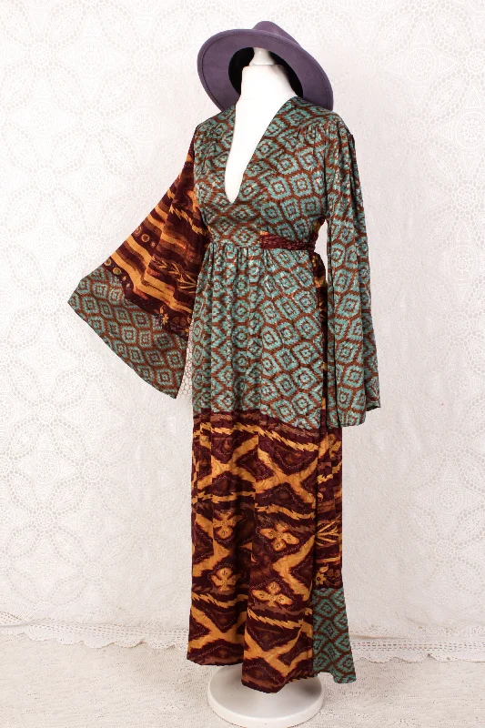 Stevie Maxi Dress - Vintage Indian Sari - Clay, Teal, Plum & Yellow Shimmer - XS