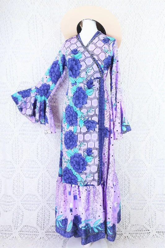 Sylvia Wrap Dress - Vintage Indian Sari - Purple Dusk & Aqua Floral (S/M)