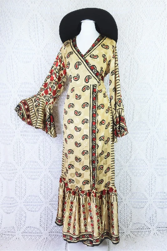 Sylvia Wrap Dress - Vintage Indian Sari - Champagne, Garnet & Raven Bold Paisley Shimmer (S/M)