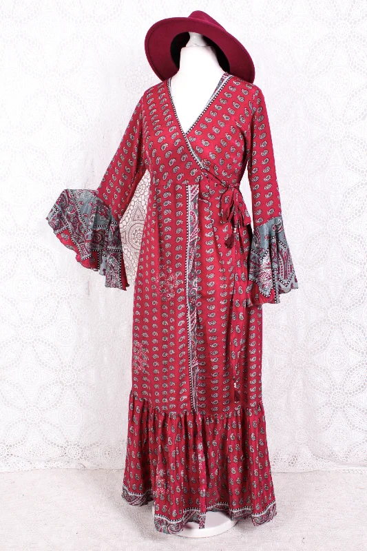 Sylvia Wrap Dress - Vintage Indian Sari - Pink & Silver Paisley (XS - S)