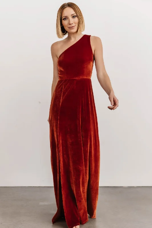 Tatiana Velvet One Shoulder Maxi Dress | Rust