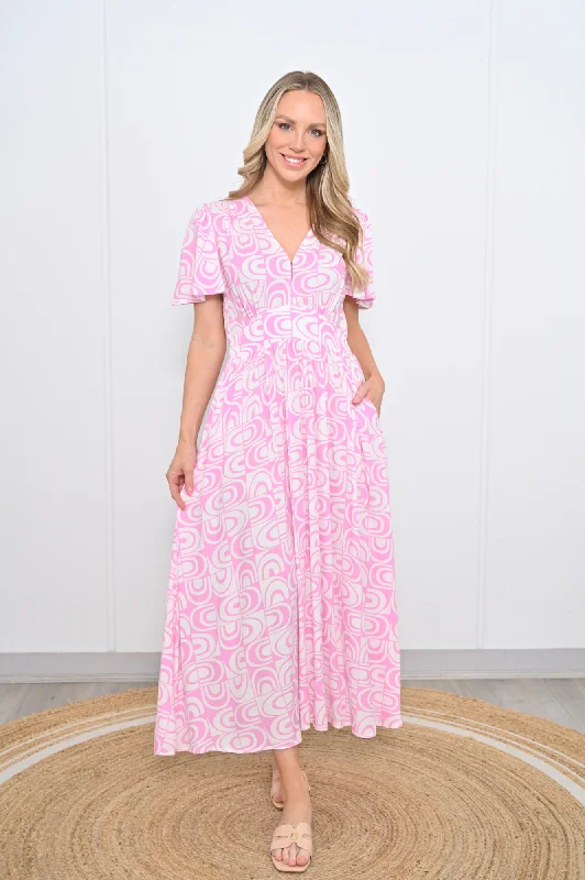 Vee Neck Dress With Pockets - Pink