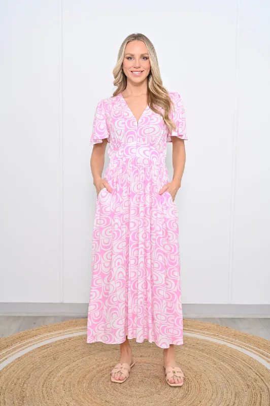 Vee Neck Dress With Pockets - Pink