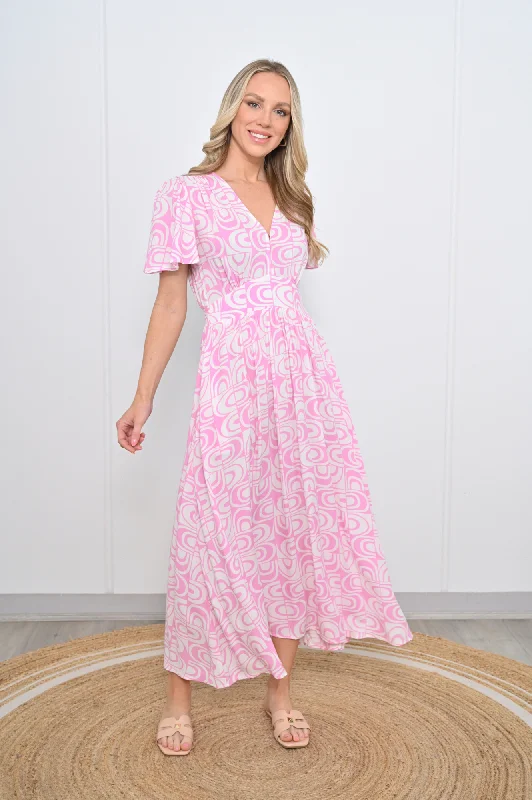 Vee Neck Dress With Pockets - Pink