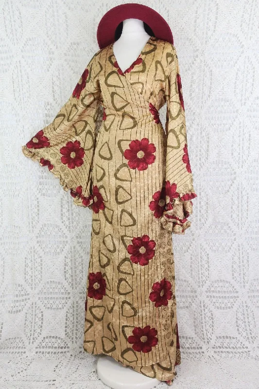 Venus Maxi Wrap Dress - Parchment & Ruby Floral Shimmer - Vintage Indian Sari - XS - S/M