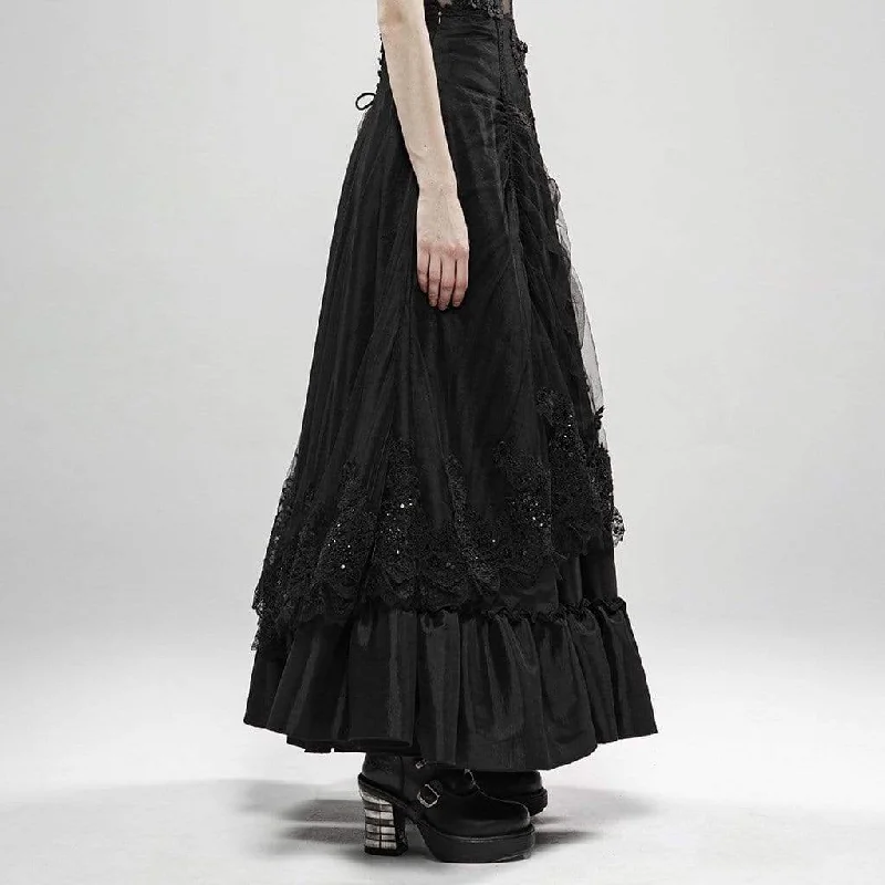 Women's Goth Multilayered Flower Embroidered Long Skirts Black