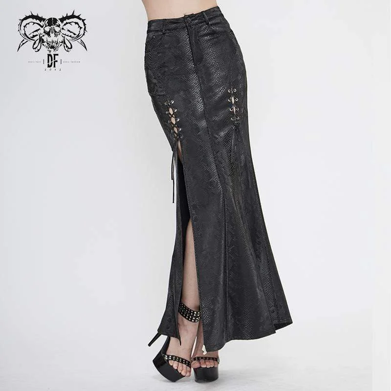 Women's Gothic Black Snakeskin Side Slits Maxi Skirts