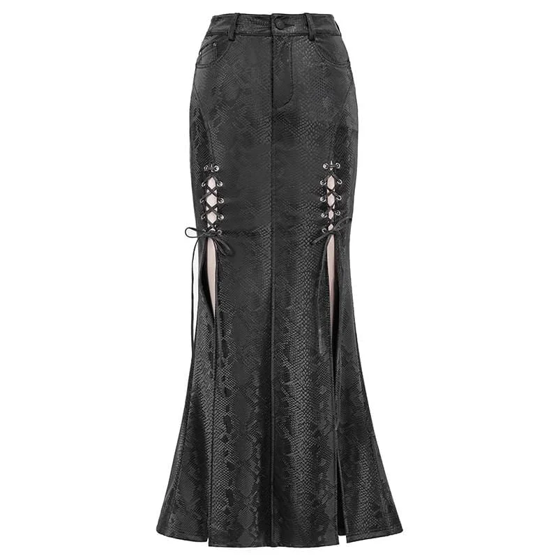 Women's Gothic Black Snakeskin Side Slits Maxi Skirts