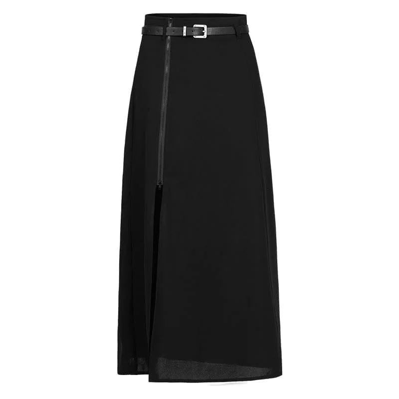 Women's Punk Side Slit Zipper Skirt with Belt